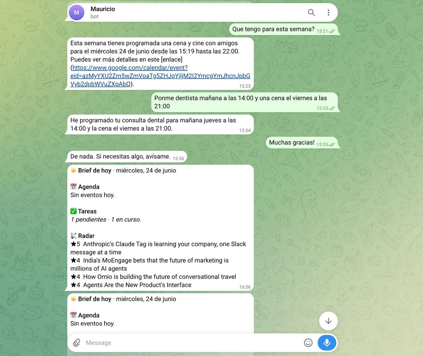 Conversación con Mauricio en Telegram: gestiona la agenda y envía el brief diario.
