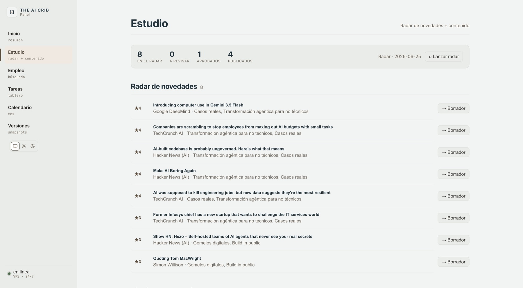 El panel en la vista Estudio: radar de novedades de IA y motor de contenido con borradores.